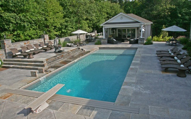This Is A Photo Of A Custom Rectangular Inground Swimming Pool With Pool House.